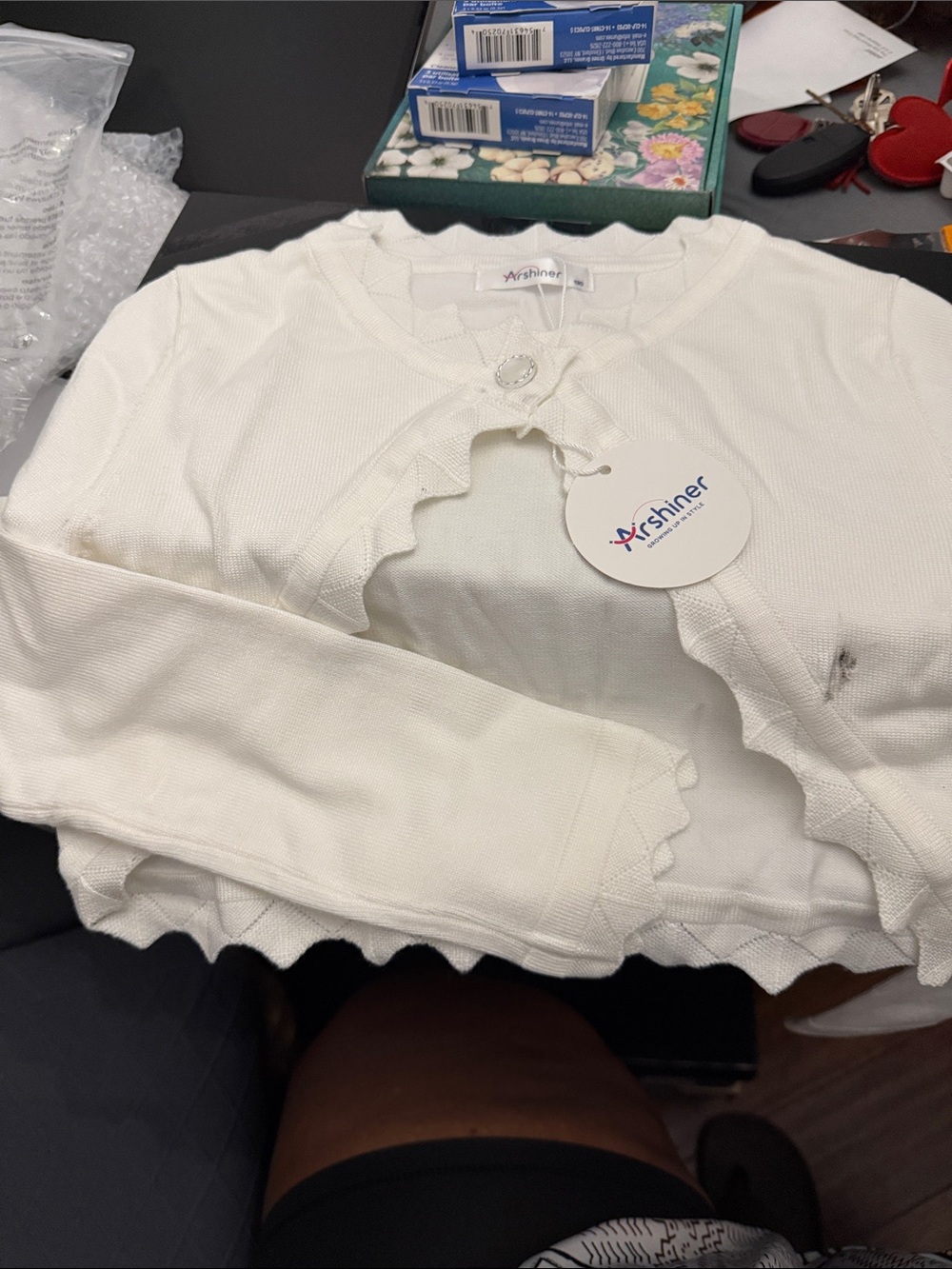 Kershiner White Ruffle-Edge Cropped Cardigan for Kids